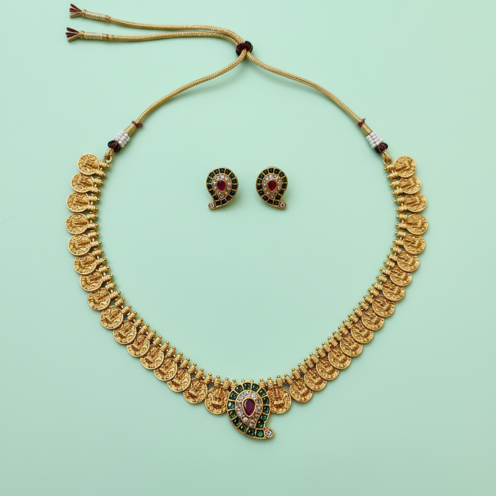 Antique Gold Kasu Mala Necklace with Mango Pendant & Kemp Stud Earrings