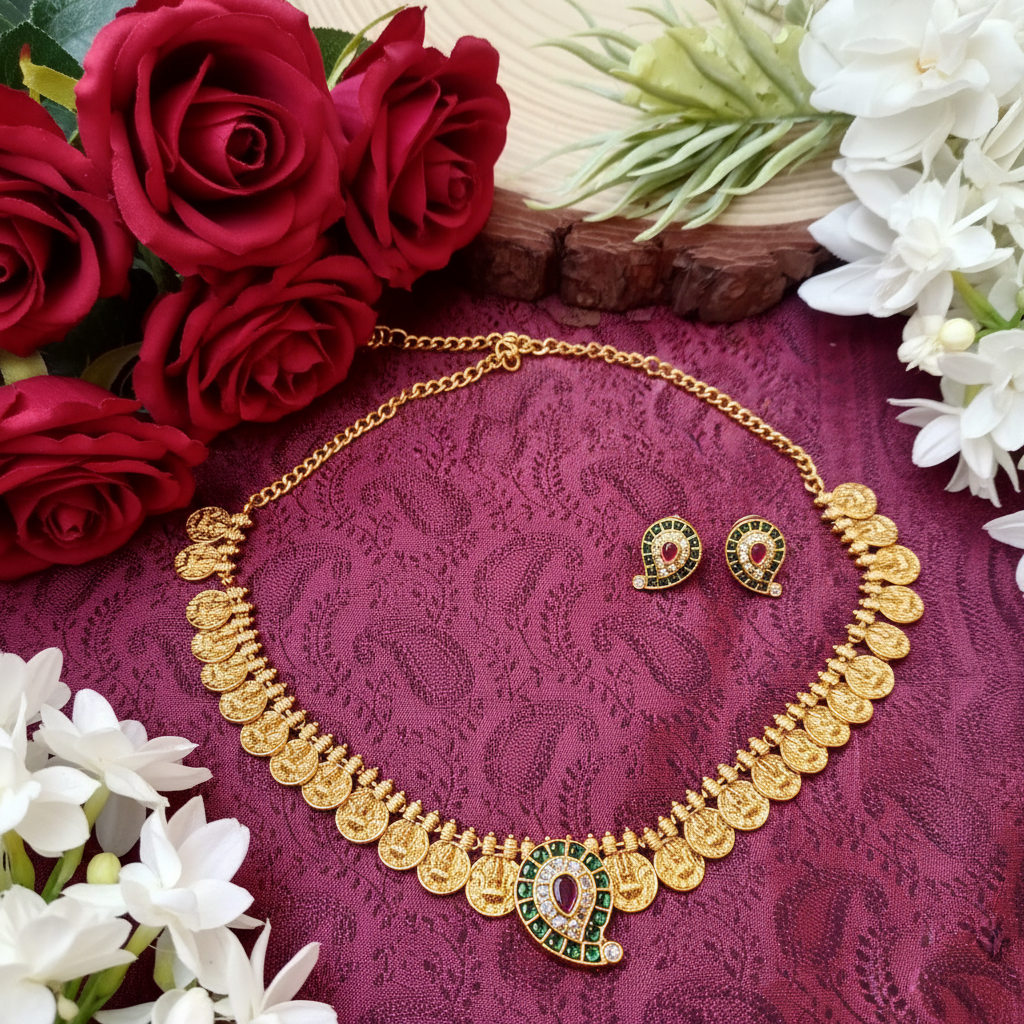 Antique Gold Kasu Mala Necklace with Mango Pendant & Kemp Stud Earrings