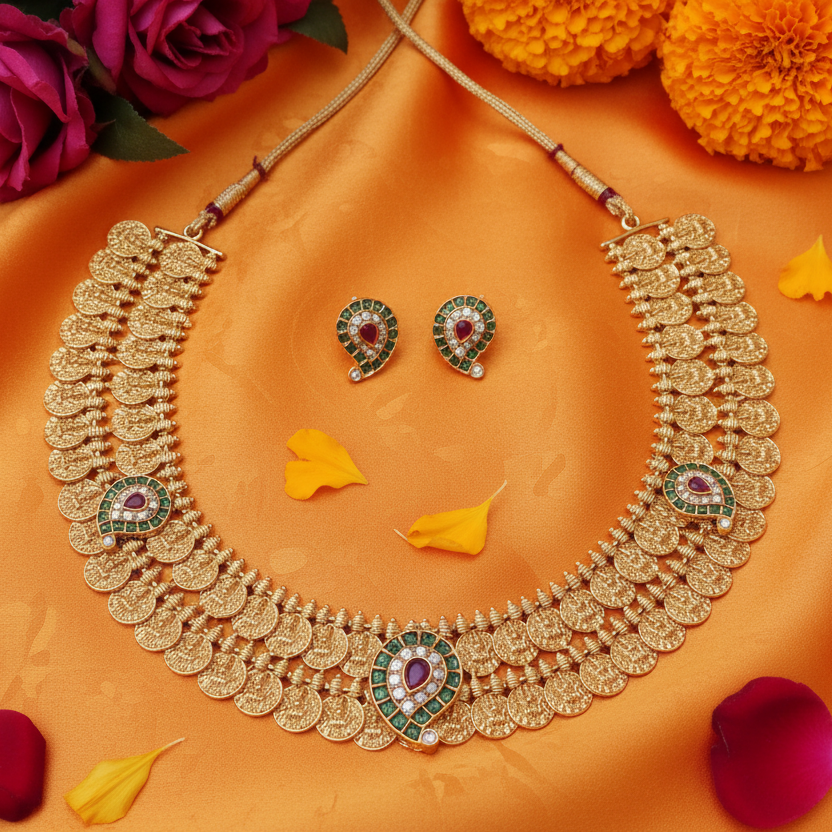 Lakshmi Double  Kasu Temple Necklace Set