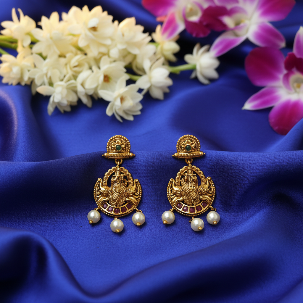 Antique Lakshmi Temple Chandbali Earrings – Ruby & Pearl Drop