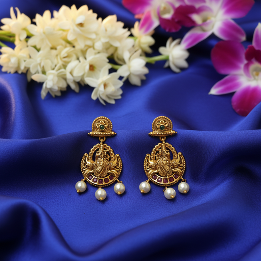 Antique Lakshmi Temple Chandbali Earrings – Ruby & Pearl Drop
