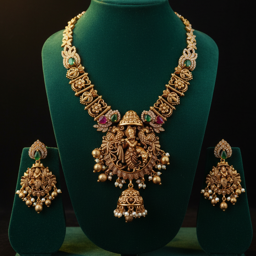 Krishna Flute Lakshmi Temple Necklace Set
