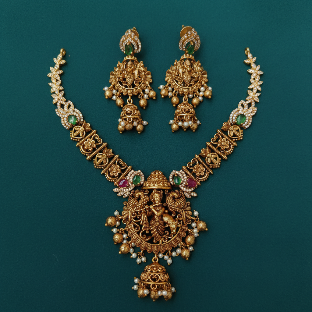 Krishna Flute Lakshmi Temple Necklace Set
