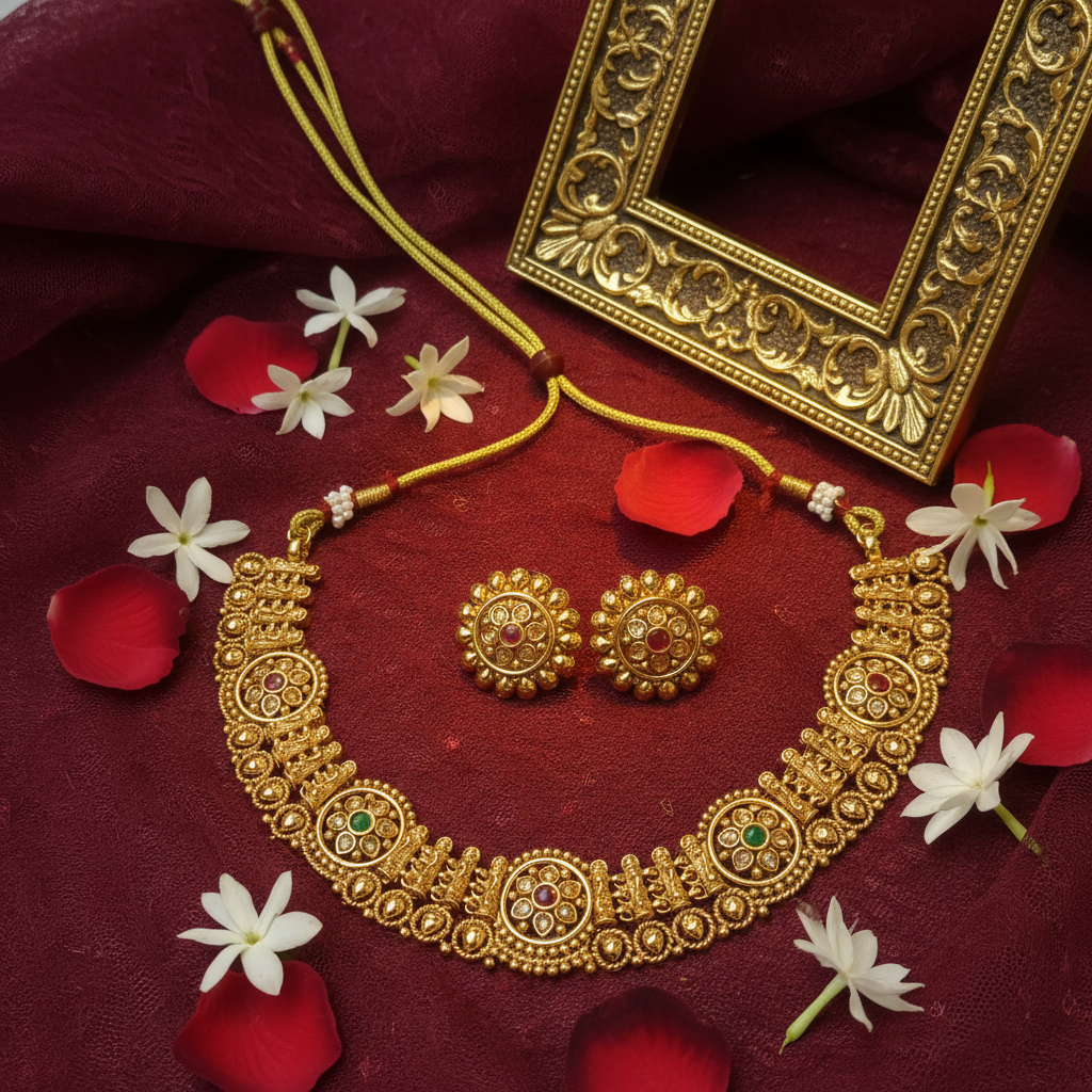 Antique Kundan Floral Choker Necklace Set with Dual-Tone Stone Earrings
