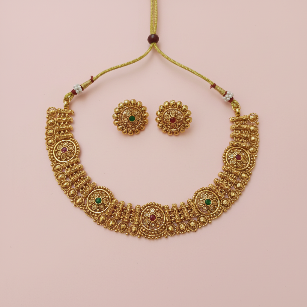 Antique Kundan Floral Choker Necklace Set with Dual-Tone Stone Earrings