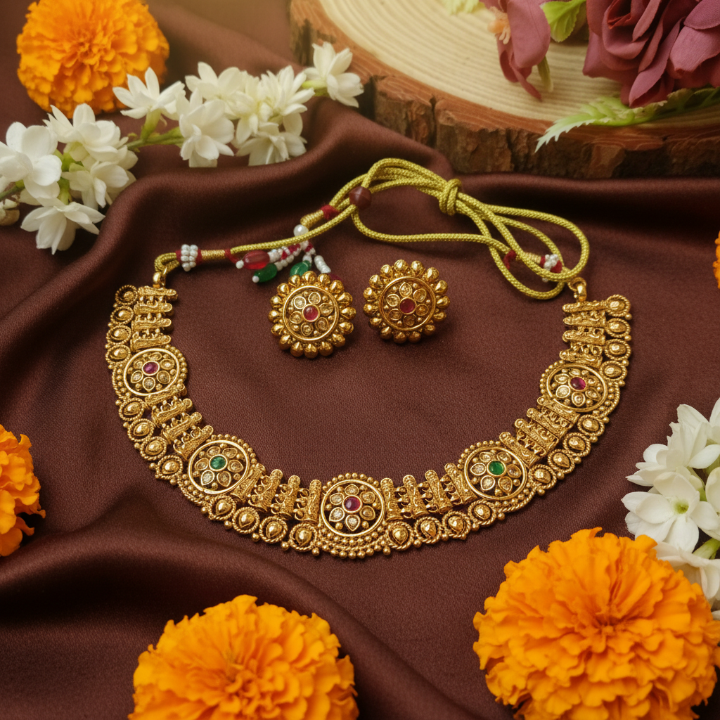 Antique Kundan Floral Choker Necklace Set with Dual-Tone Stone Earrings