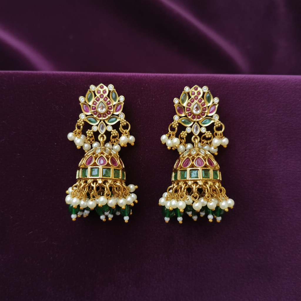 Gold Plated Kundan Jhumka Earrings with Emerald Drops & Pearl Dangles