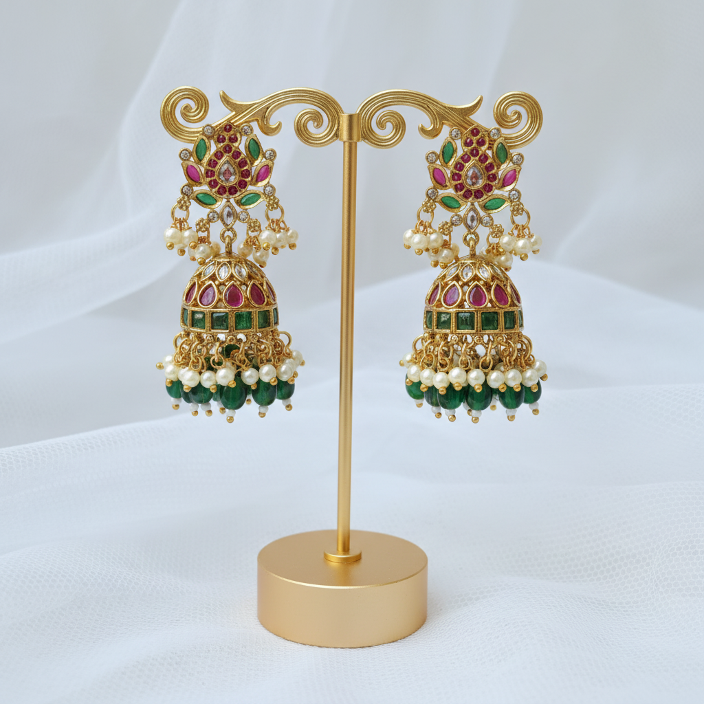 Gold Plated Kundan Jhumka Earrings with Emerald Drops & Pearl Dangles