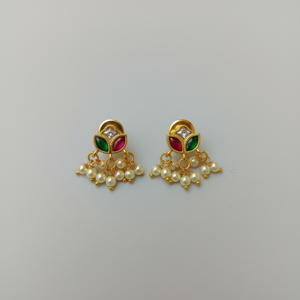 Jadau Kundan Lotus Stud Earrings – Ruby, Emerald & Pearl Drops