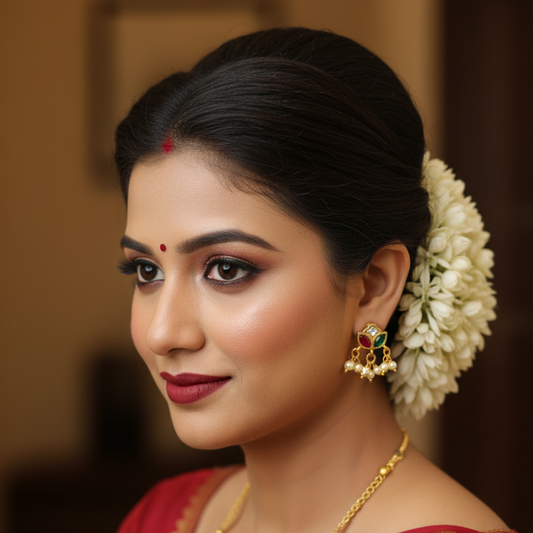 Jadau Kundan Lotus Stud Earrings – Ruby, Emerald & Pearl Drops