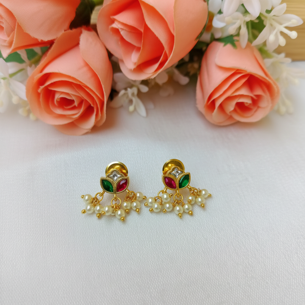 Jadau Kundan Lotus Stud Earrings – Ruby, Emerald & Pearl Drops