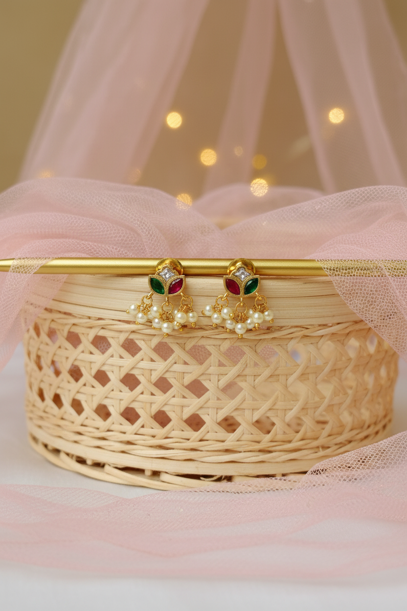 Jadau Kundan Lotus Stud Earrings – Ruby, Emerald & Pearl Drops