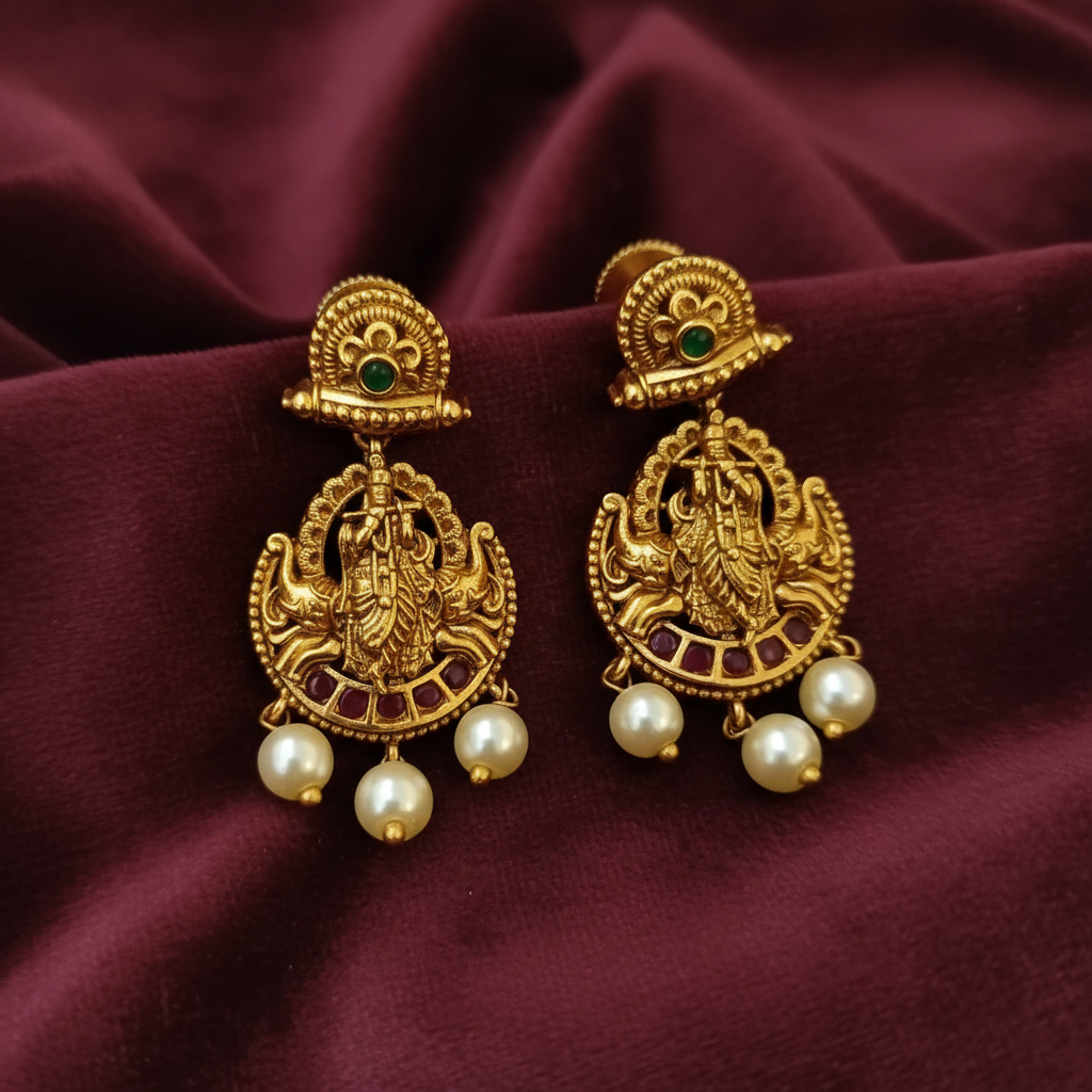 Antique Lakshmi Temple Chandbali Earrings – Ruby & Pearl Drop