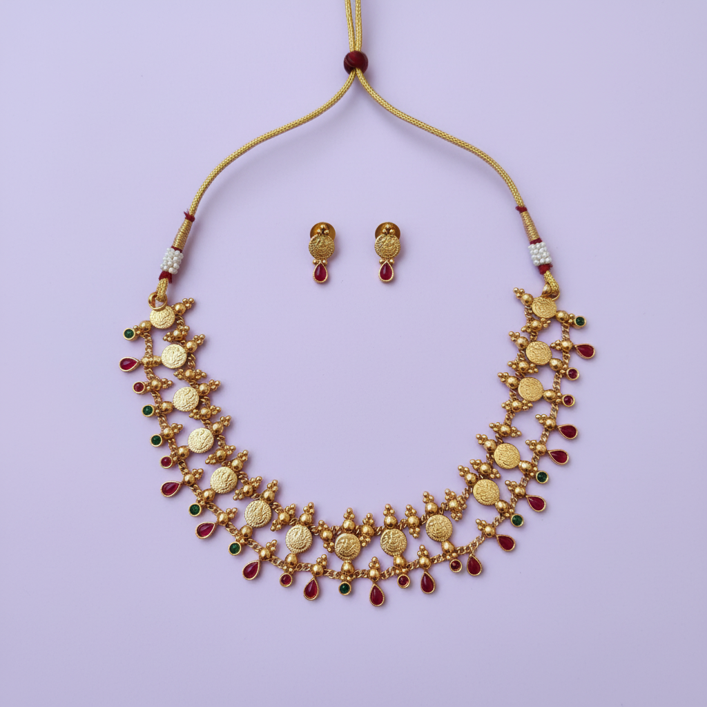 Lakshmi Coin Kasu Choker Necklace Set with Ruby & Emerald Drops and Stud Earrings