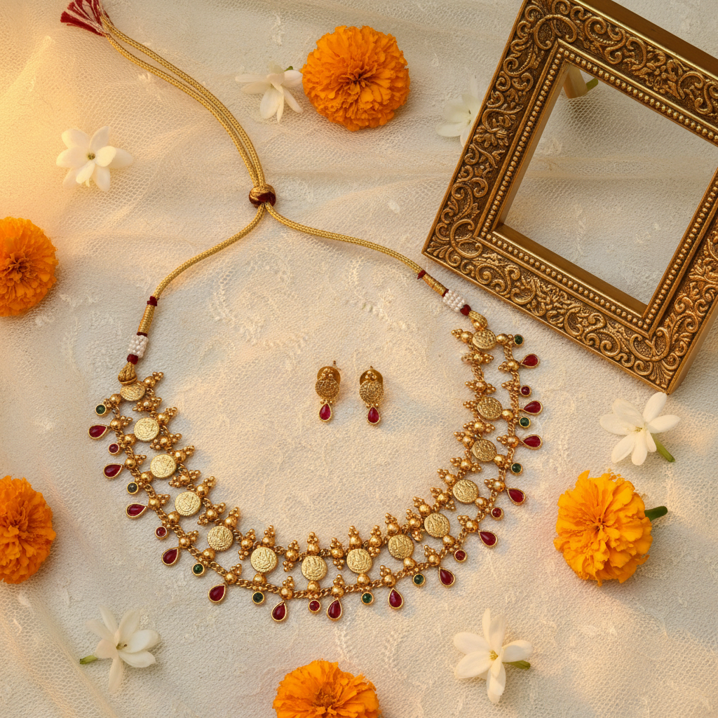 Lakshmi Coin Kasu Choker Necklace Set with Ruby & Emerald Drops and Stud Earrings