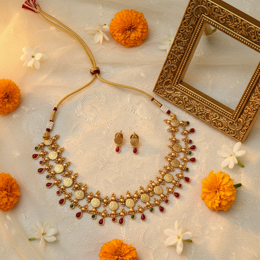 Lakshmi Coin Kasu Choker Necklace Set with Ruby & Emerald Drops and Stud Earrings