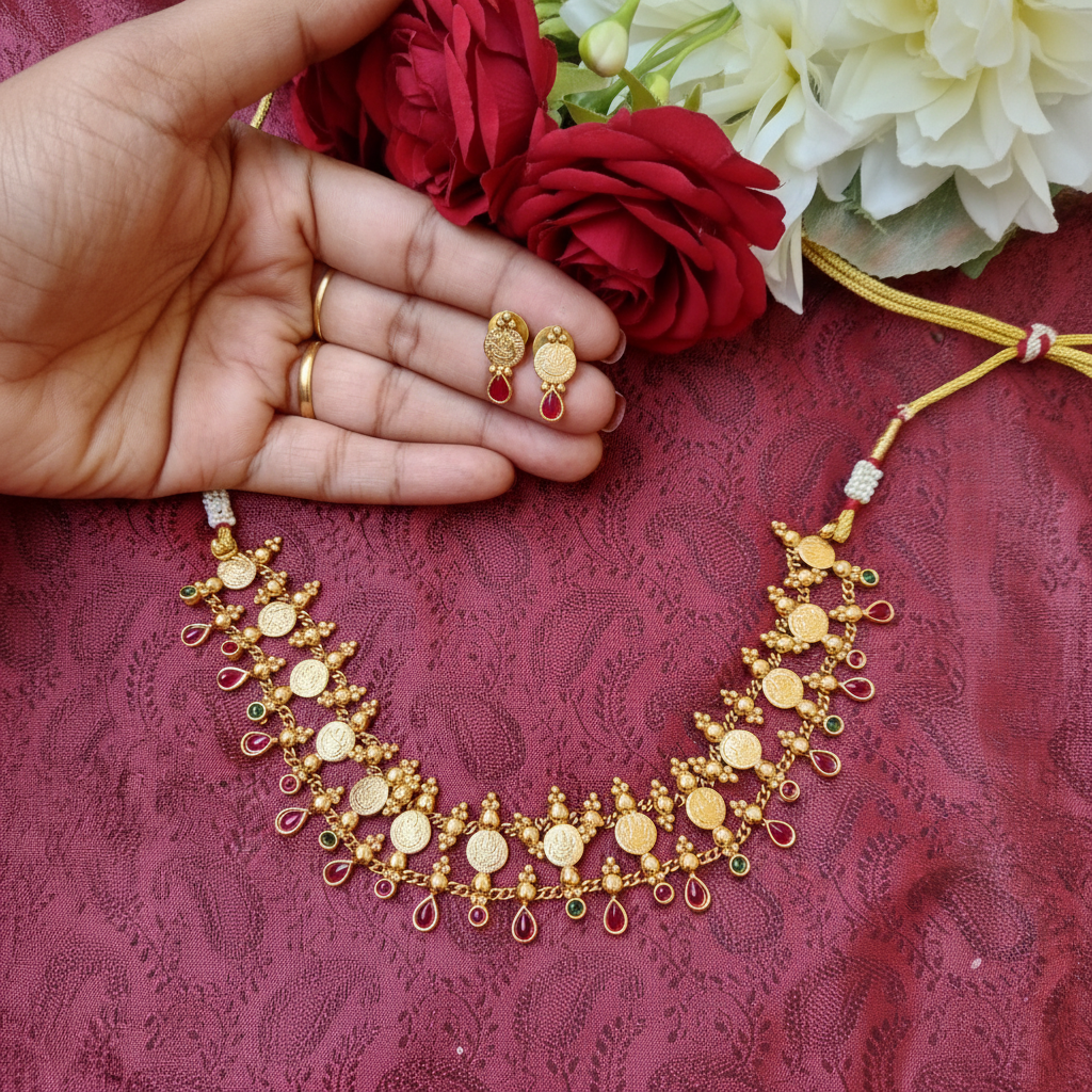 Lakshmi Coin Kasu Choker Necklace Set with Ruby & Emerald Drops and Stud Earrings