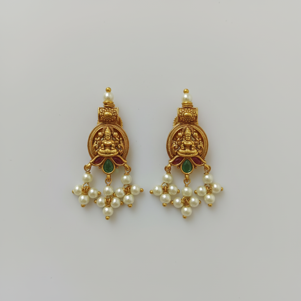 Lakshmi Coin Temple Earrings with Emerald Drop & Pearl Dangles