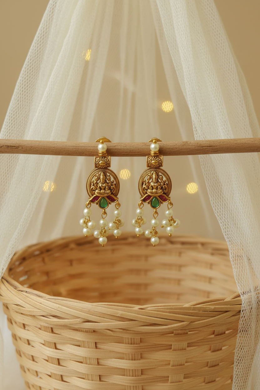 Lakshmi Coin Temple Earrings with Emerald Drop & Pearl Dangles
