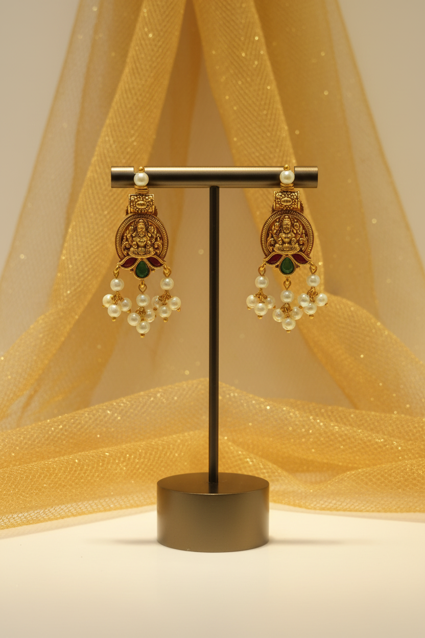 Lakshmi Coin Temple Earrings with Emerald Drop & Pearl Dangles