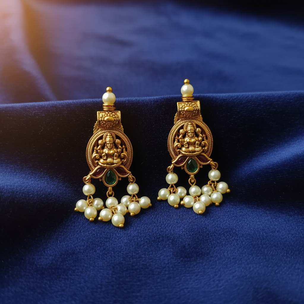 Lakshmi Coin Temple Earrings with Emerald Drop & Pearl Dangles