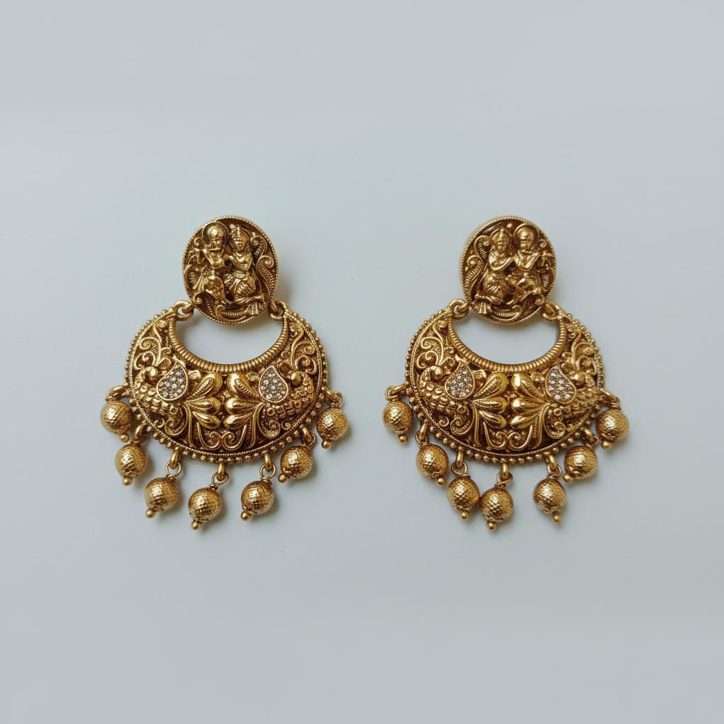 Lakshmi Nakshi Chandbali Earrings with Gold Ghungroo Drops