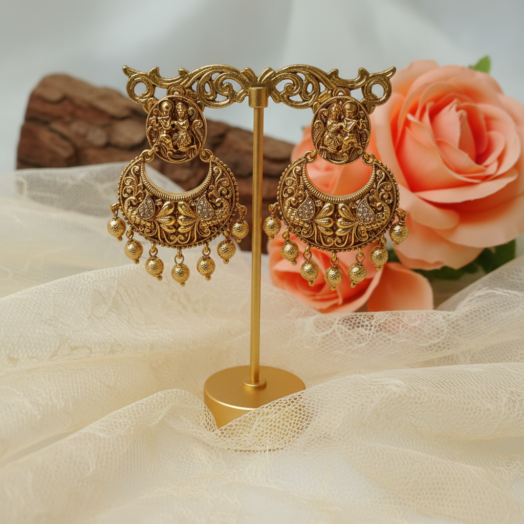 Lakshmi Nakshi Chandbali Earrings with Gold Ghungroo Drops