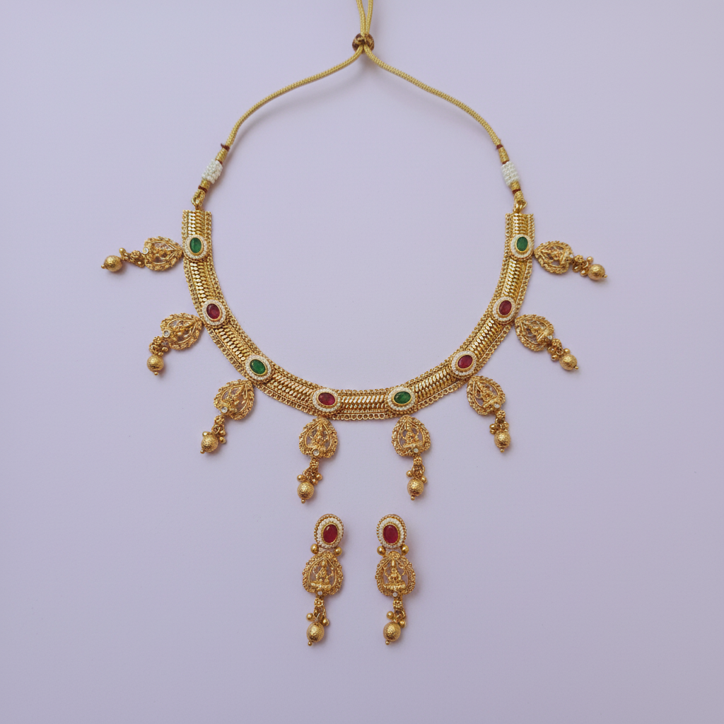 Lakshmi Filigree Temple Necklace & Earring Set with Multicolour Stones