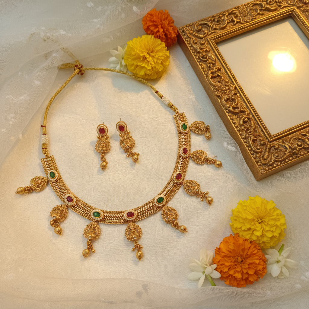 Lakshmi Filigree Temple Necklace & Earring Set with Multicolour Stones