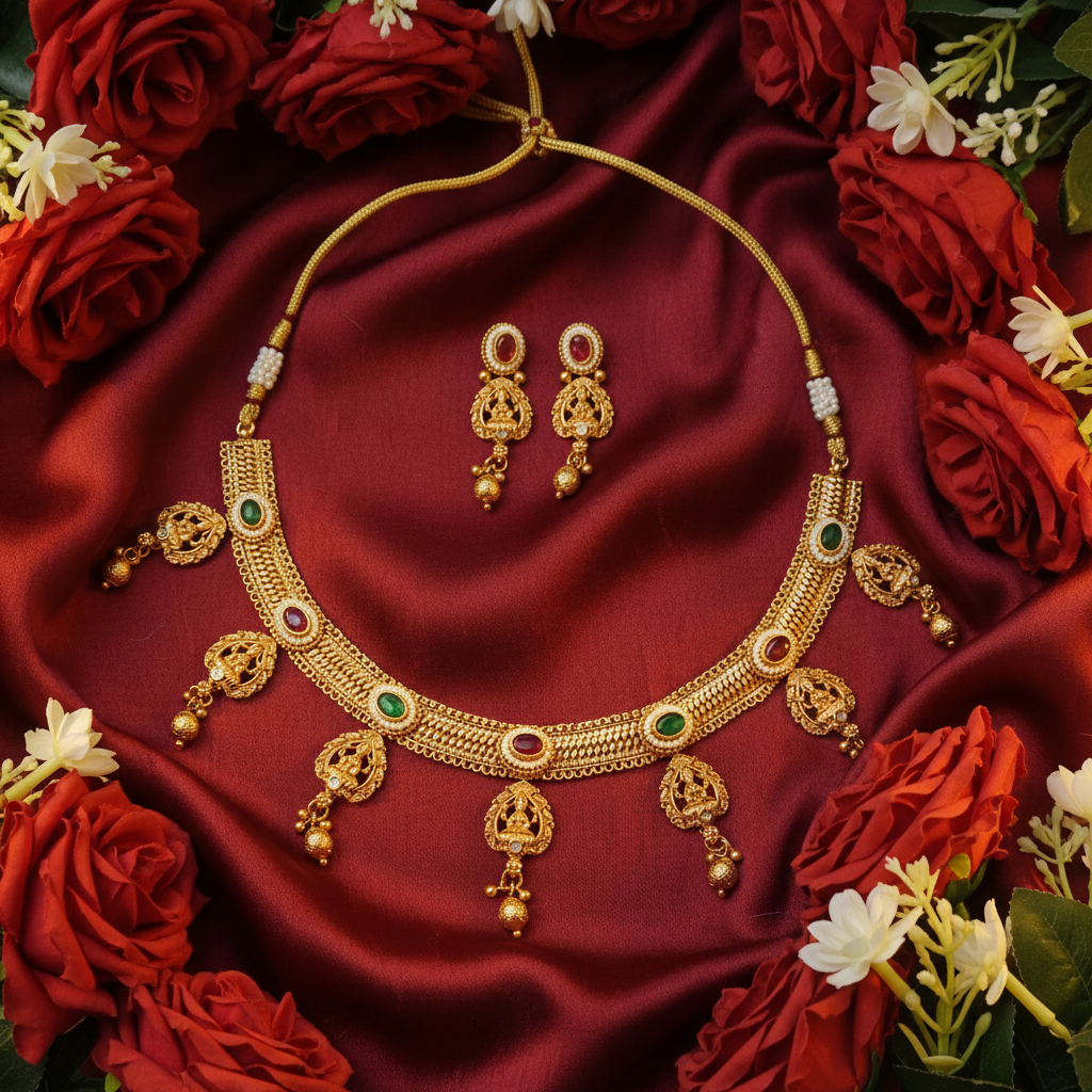 Lakshmi Filigree Temple Necklace & Earring Set with Multicolour Stones