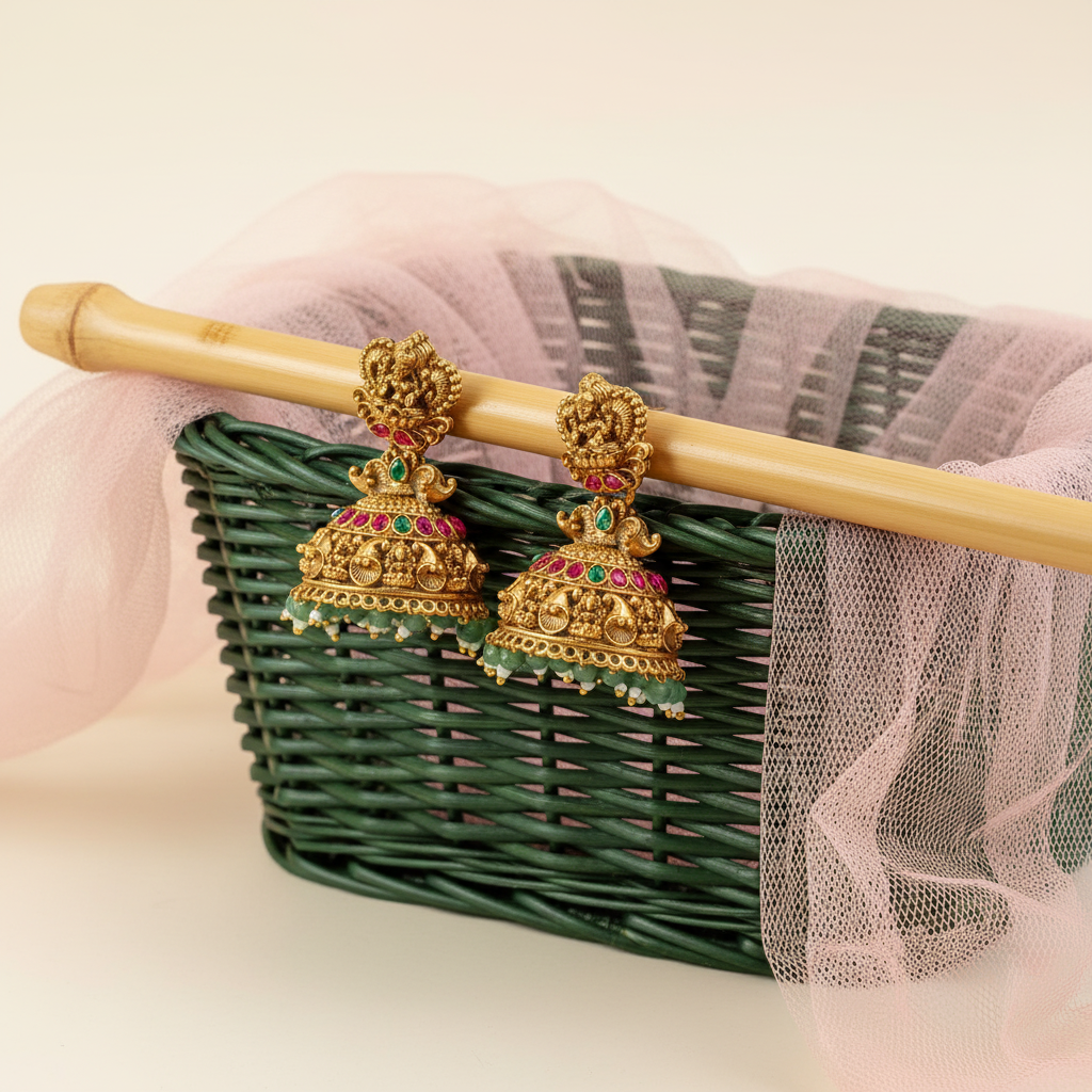 Lakshmi Temple Jhumka Earrings with Emerald Beads
