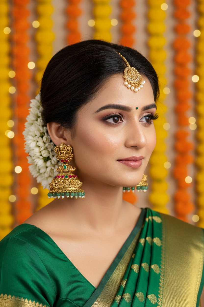 Lakshmi Temple Jhumka Earrings with Emerald Beads