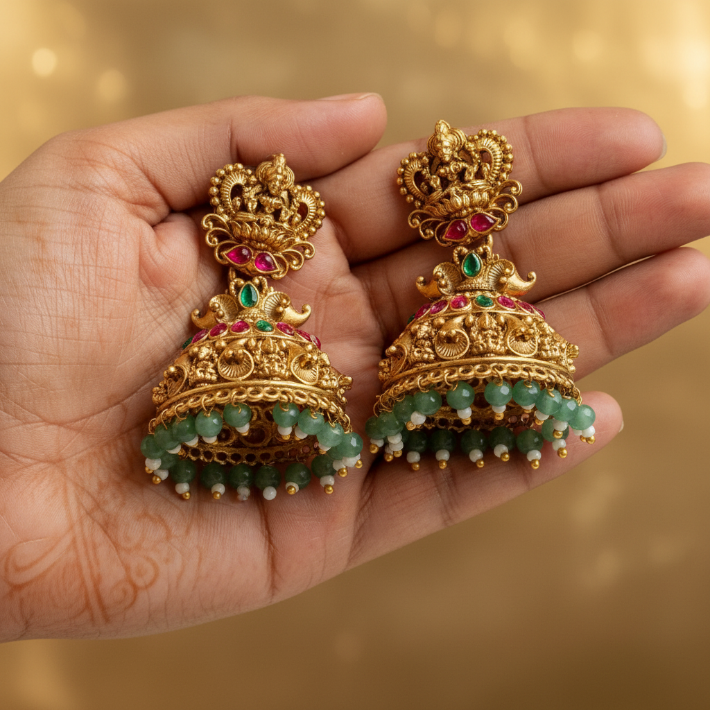 Lakshmi Temple Jhumka Earrings with Emerald Beads