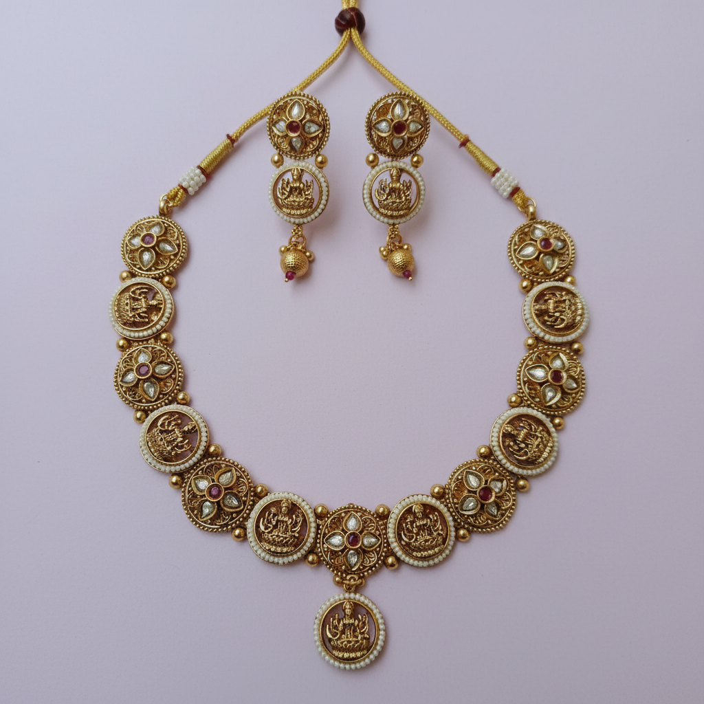 Lakshmi Temple Kundan Necklace & Earring Set with Pearl Border