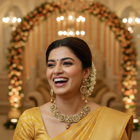 Lakshmi Temple Kundan Necklace & Earring Set with Pearl Border