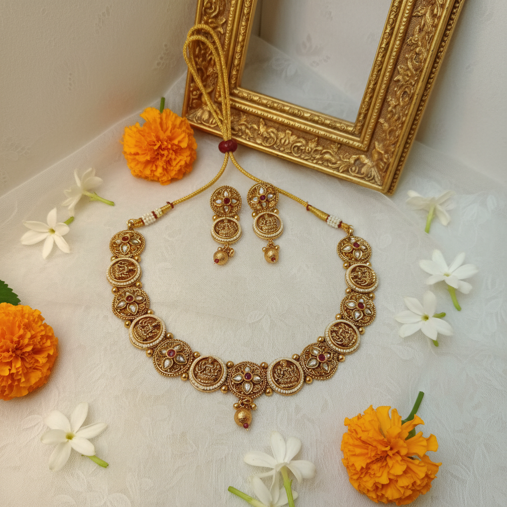 Lakshmi Temple Kundan Necklace & Earring Set with Pearl Border