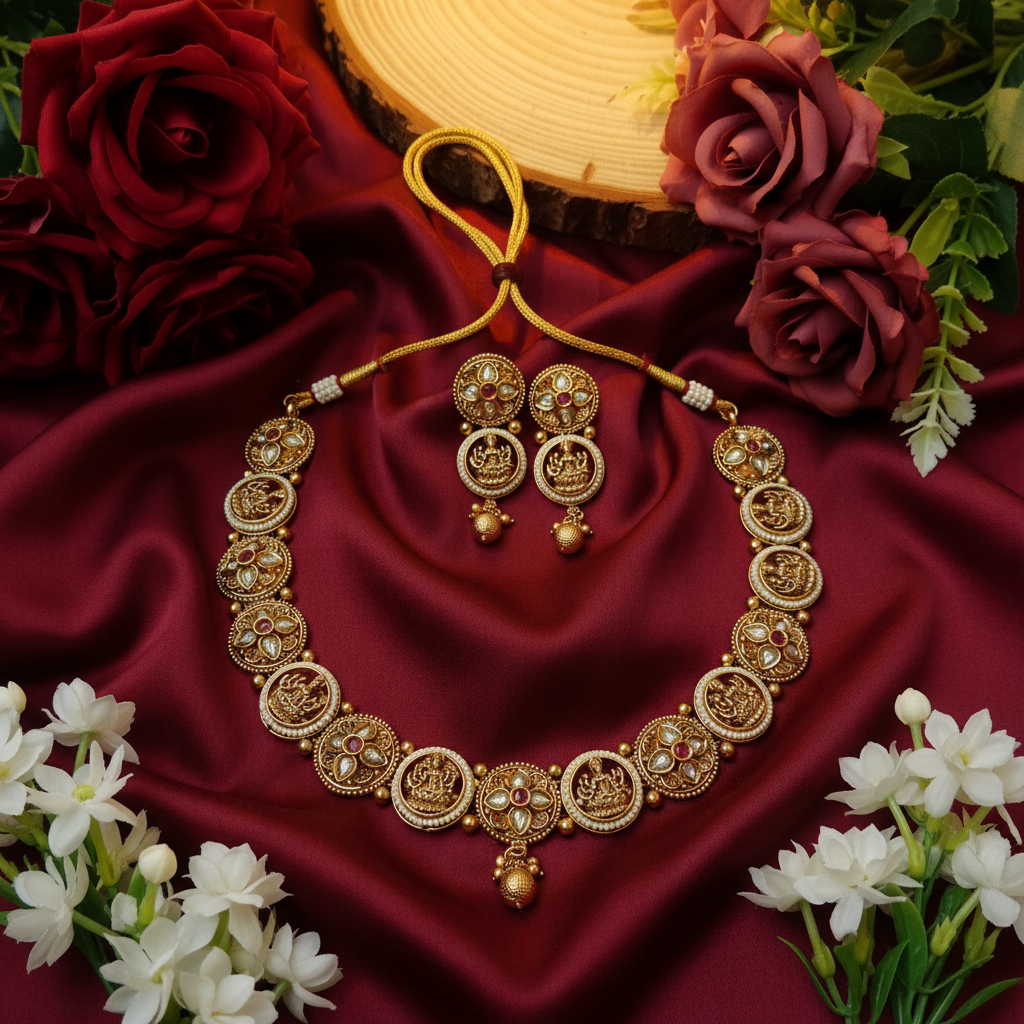 Lakshmi Temple Kundan Necklace & Earring Set with Pearl Border