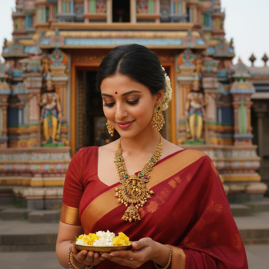 Lakshmi Temple Long Necklace Red Saree - Square