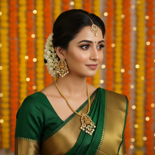 Lakshmi Temple Necklace Green Saree - Square