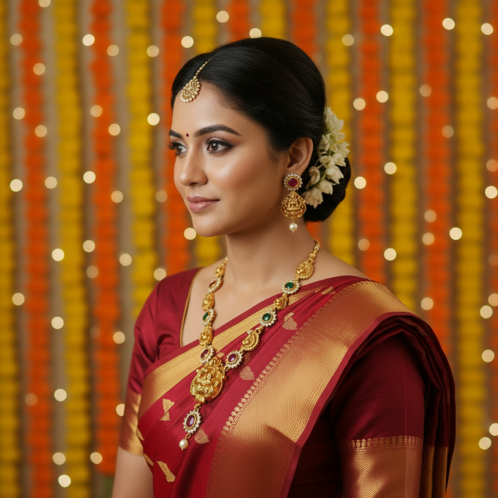 Lakshmi Temple Necklace Red Saree - Square