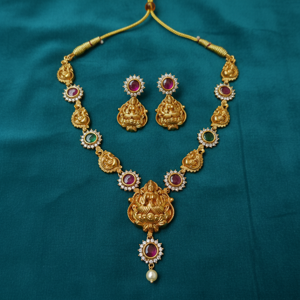 Lakshmi Ganesha CZ Ruby Emerald Necklace Set