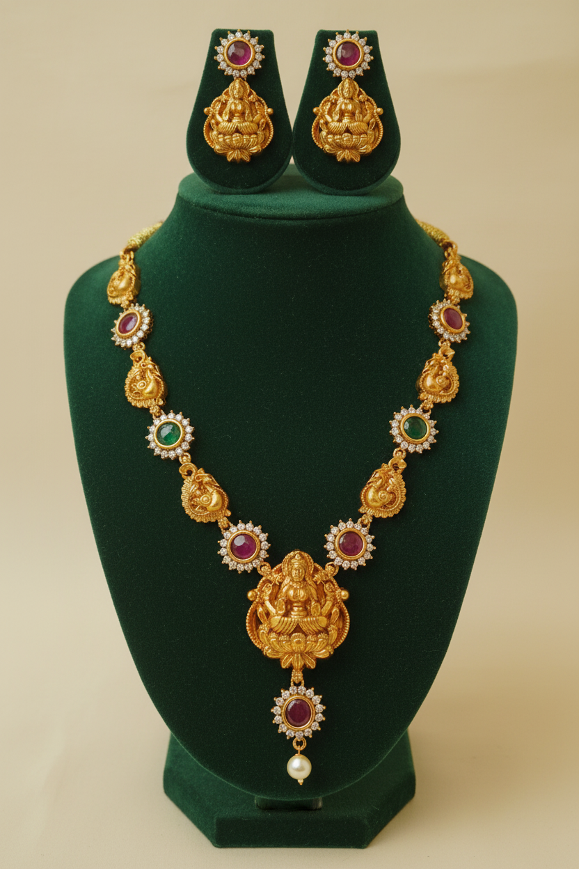 Lakshmi Ganesha CZ Ruby Emerald Necklace Set