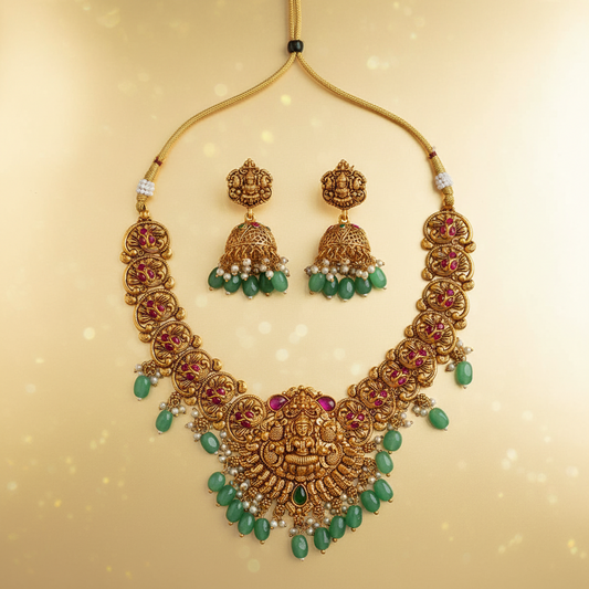 Goddess Lakshmi Antique Gold Temple  Set with Mint Green Beads, Ruby Stones & Lakshmi Jhumka Earrings
