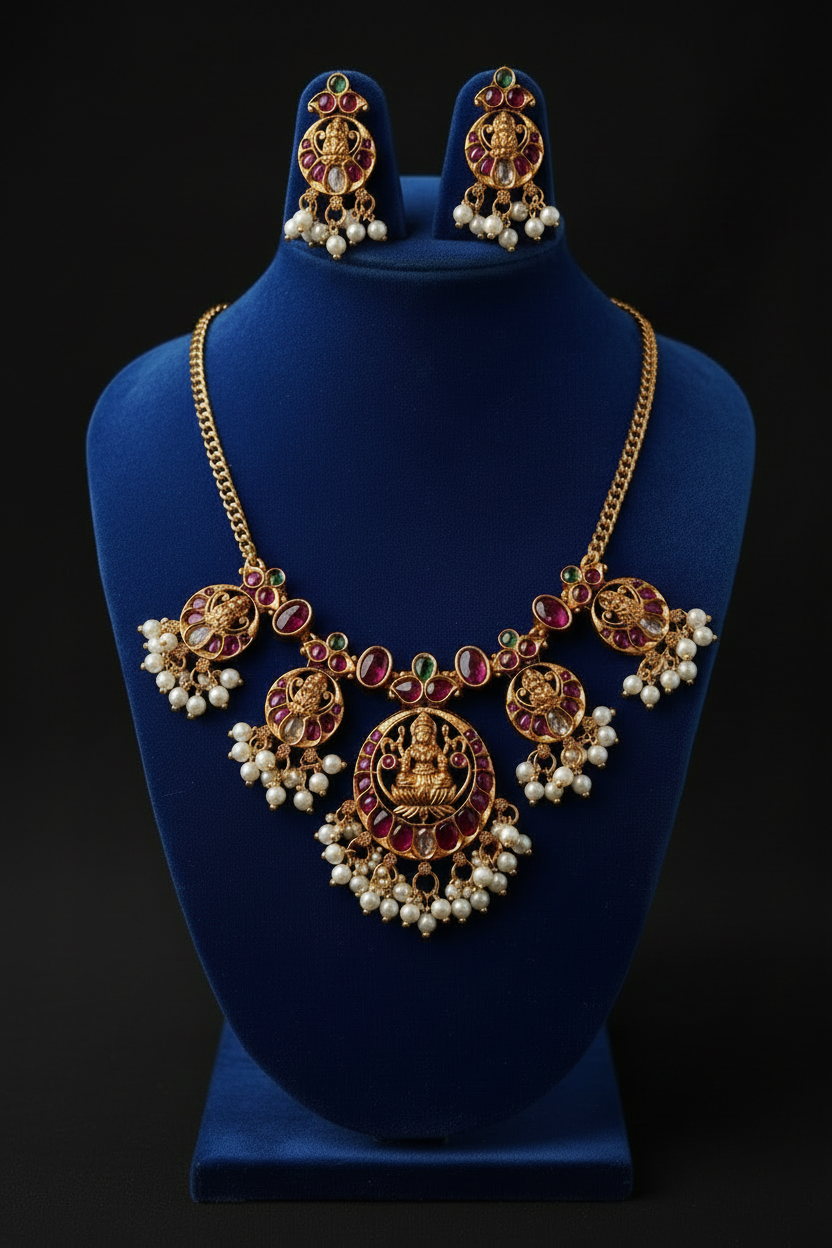 Lakshmi Lotus Temple Necklace Set | Ruby, Emerald & Pearl Antique Gold Jewellery