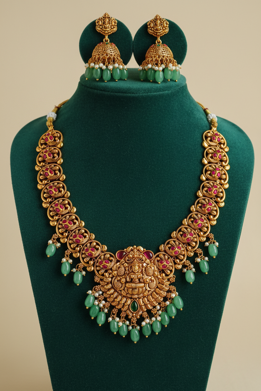 Goddess Lakshmi Antique Gold Temple  Set with Mint Green Beads, Ruby Stones & Lakshmi Jhumka Earrings