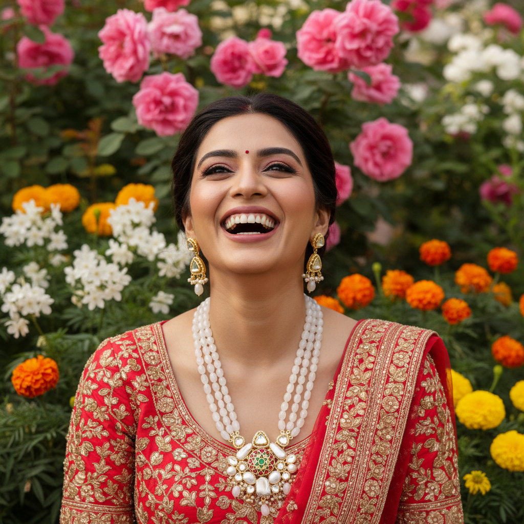 Laughing Model Floral Background Moonstone Kundan Set