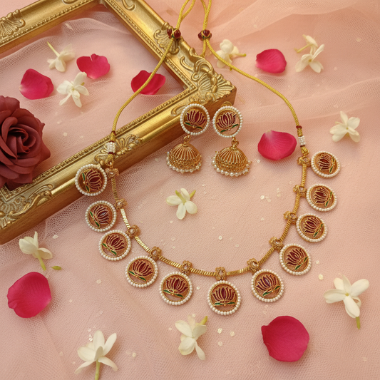 Elegant Lotus Motif Pearl-Studded Necklace Set with Jhumka Earrings