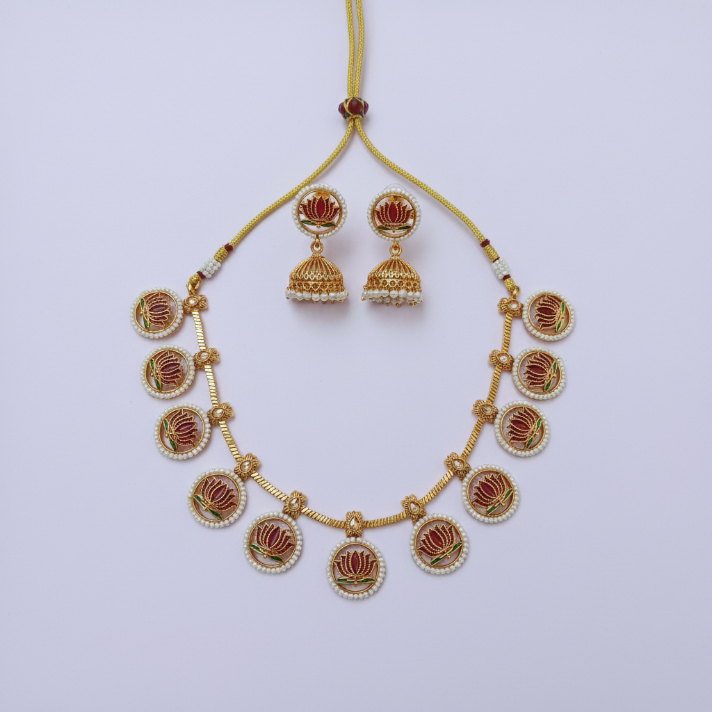 Elegant Lotus Motif Pearl-Studded Necklace Set with Jhumka Earrings