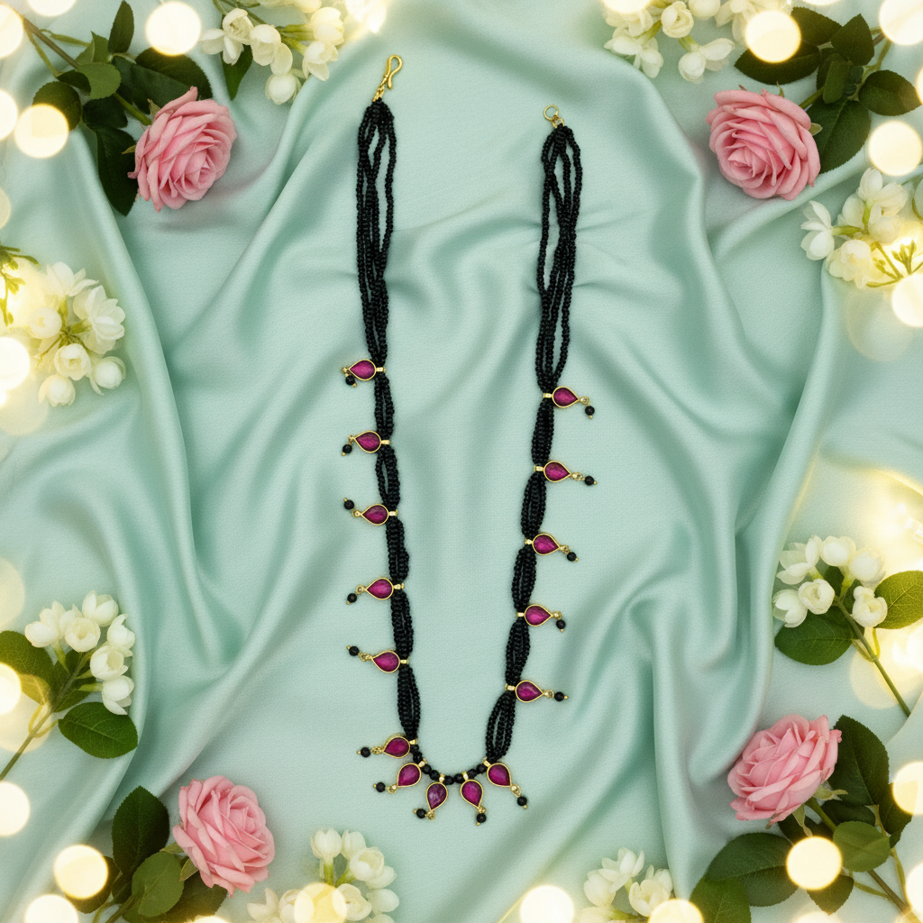 Pink Teardrop Black Bead Necklace