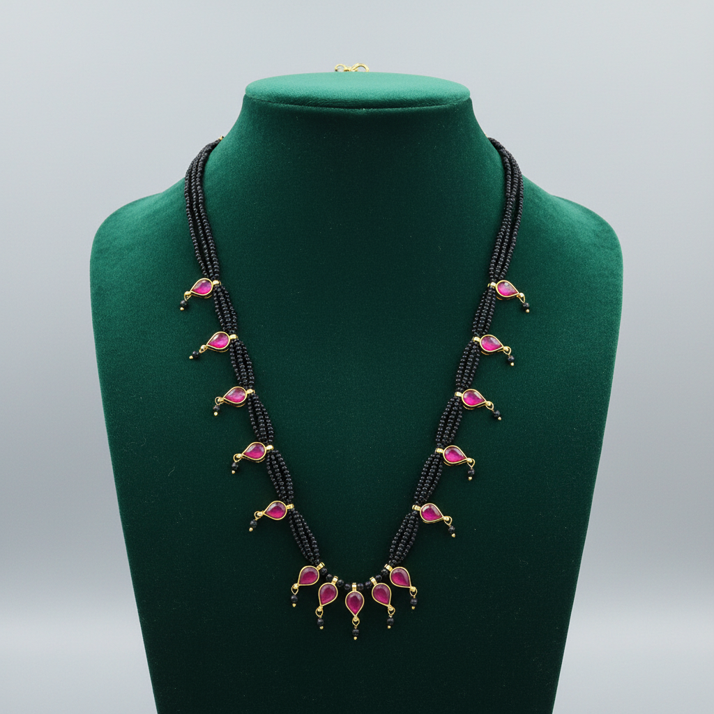 Pink Teardrop Black Bead Necklace